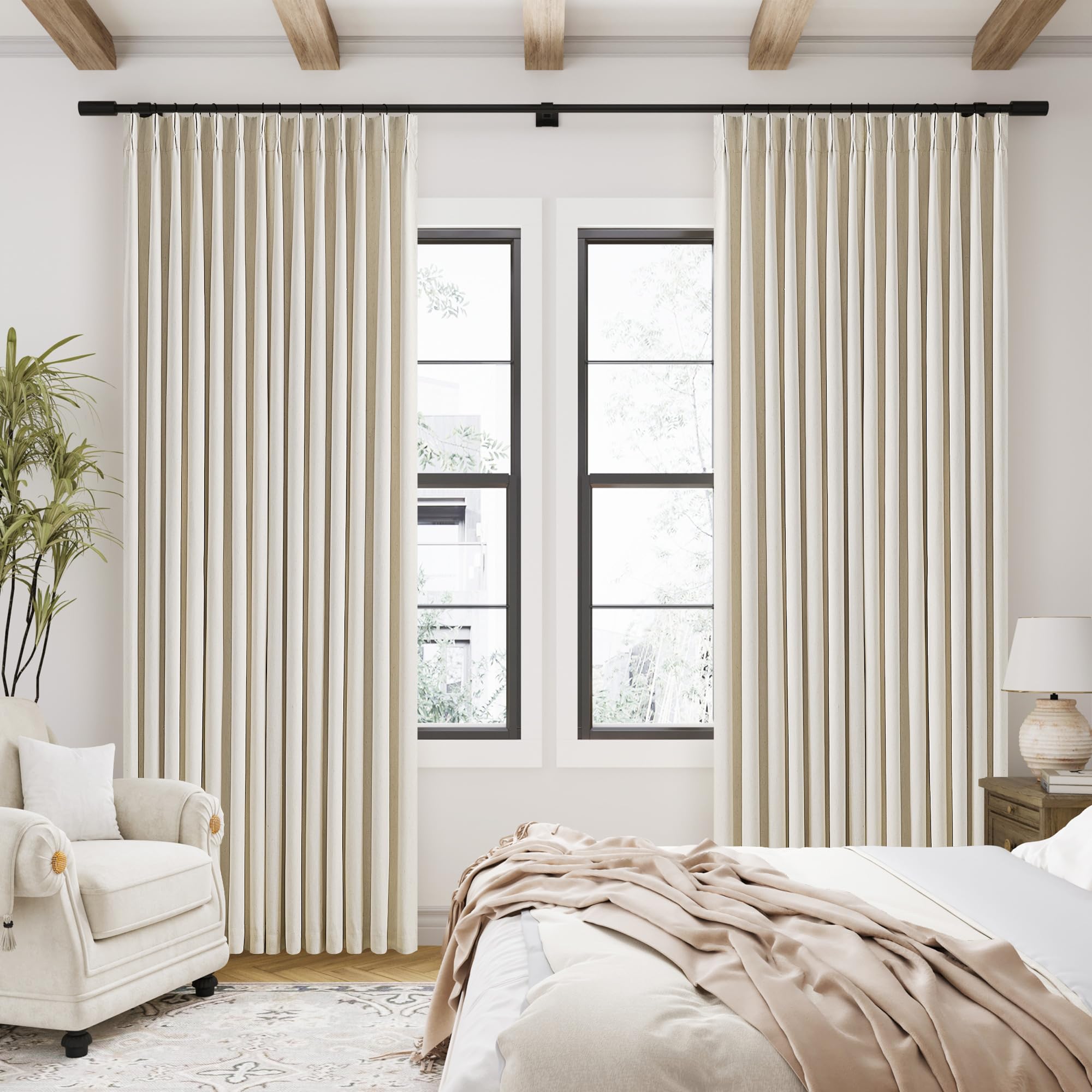Pinch Pleated 120 Inch Curtains High Ceiling Tall Linen Curtains for Living Room Bedroom Large Window Drapes 120 Inch Length Back Tab Heat Insulated Bohemian Blackout Drapes Cottage Cream Beige