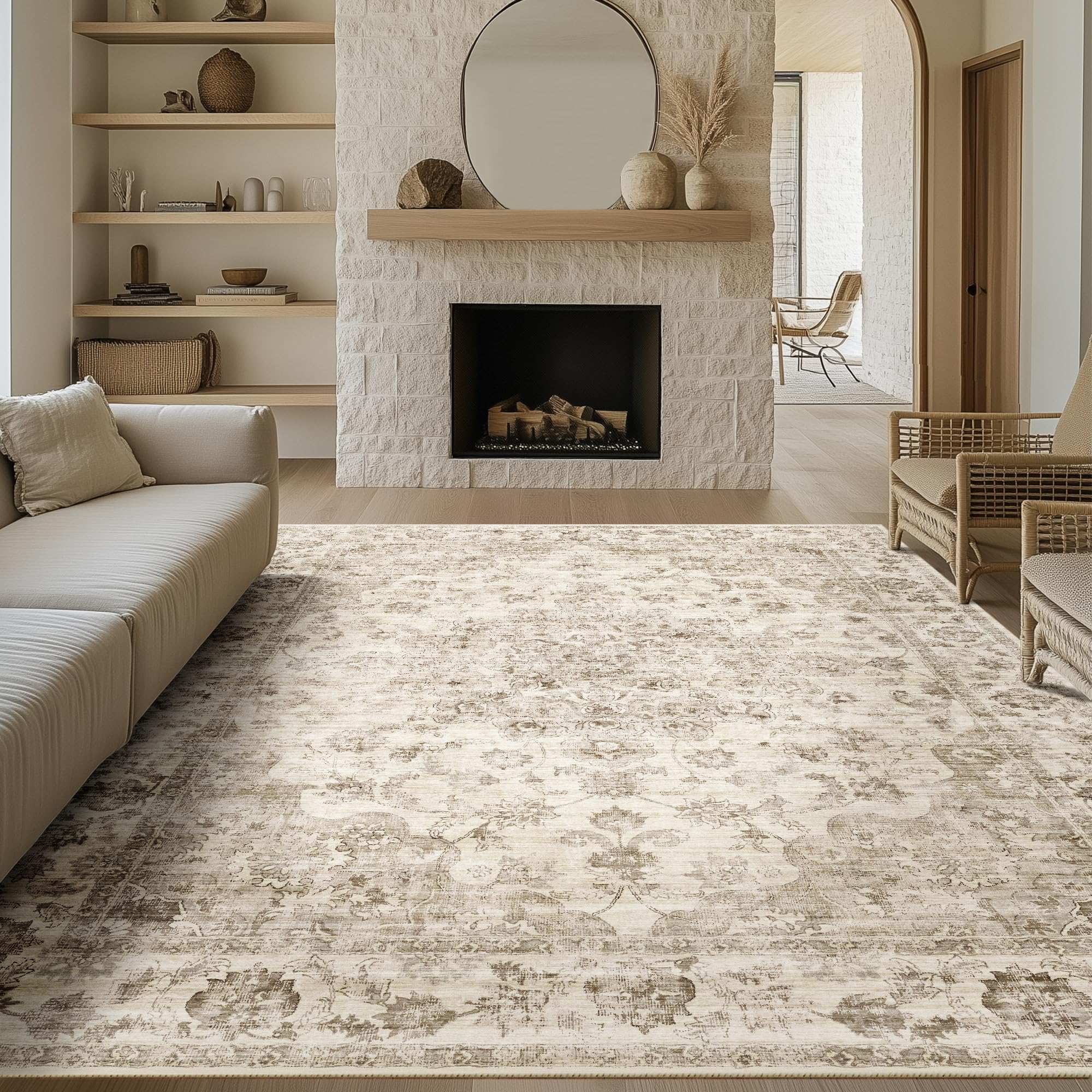 8x10 Washable Neutral Area Rug Beige Vintage Living Room Bedroom Carpet Non-Slip Soft Low Pile Farmhouse Indoor Large Throw Rug for Dining Room Office