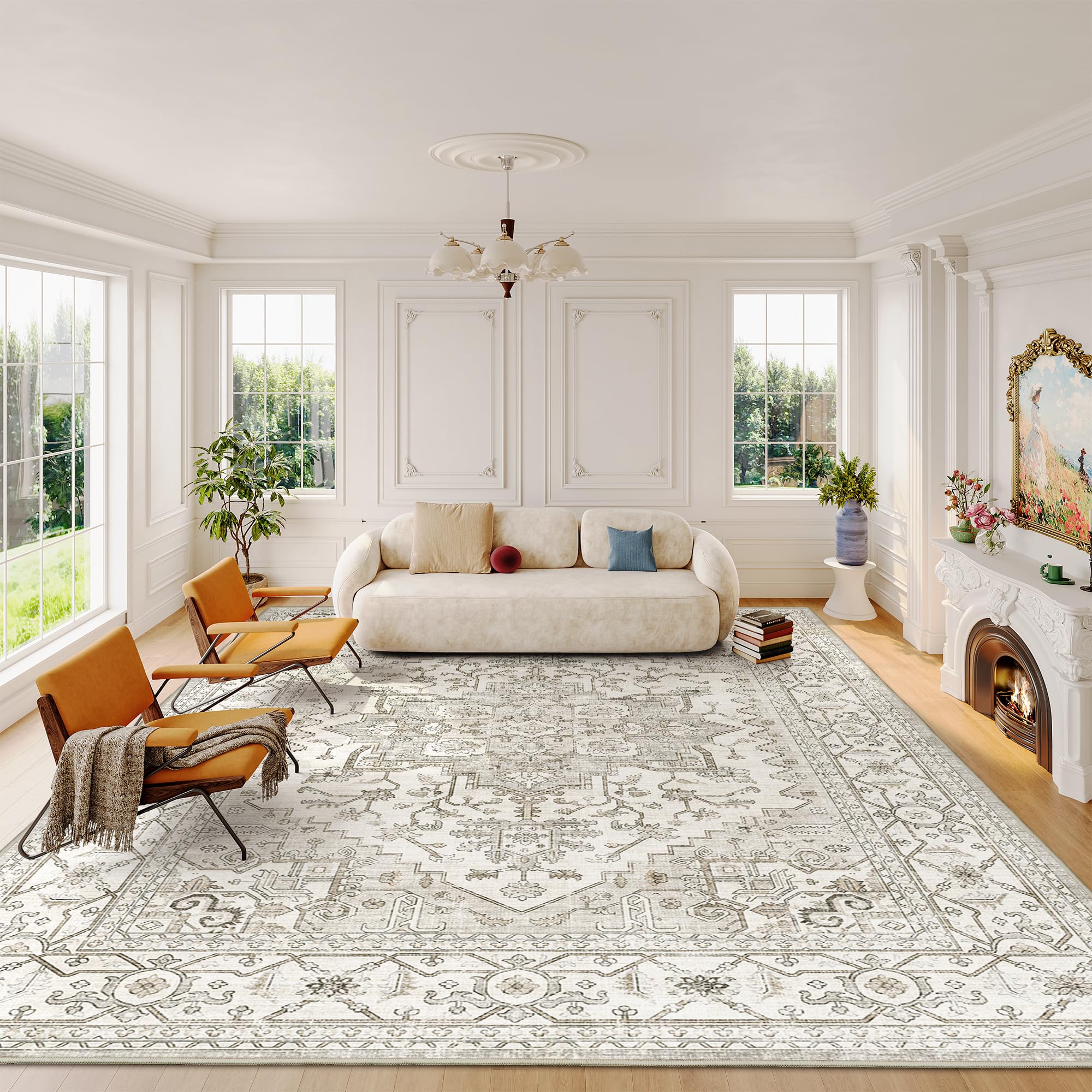 befbee 8x10 Area Rugs for Living Room, Stain Resistant Neutral Washable Rugs for Dining Room, Vintage Non-Slip Thin Large Size Beige Area Rug, Printed Vintage Home Decor Rug(Beige)