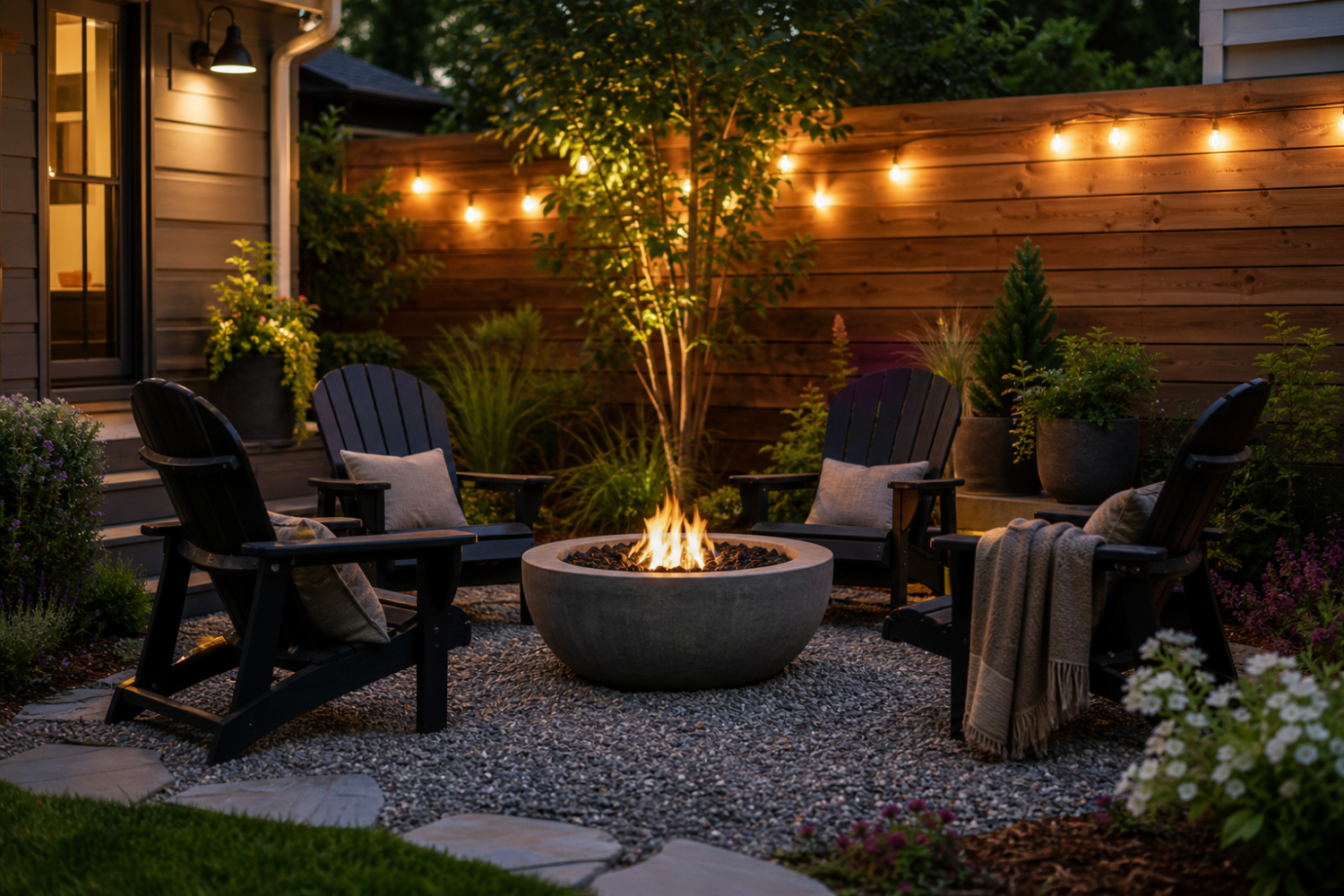Cozy fire pit setup in a small backyard with seating around it.