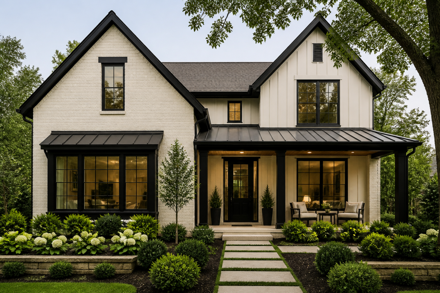 A cream house with black trim showcasing an elegant design