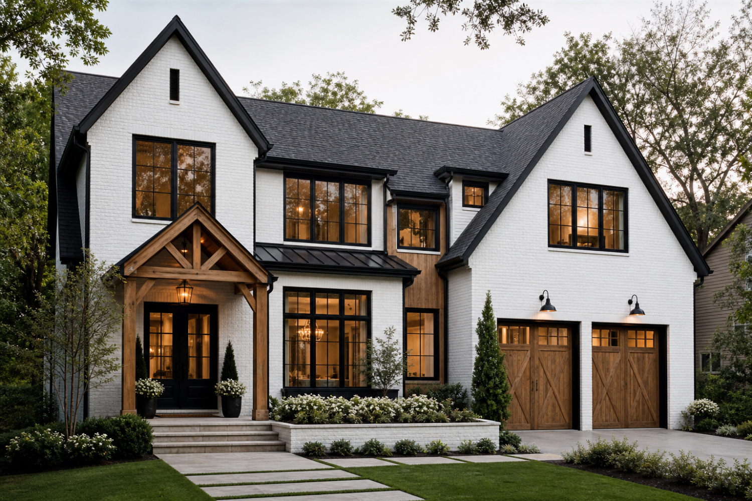 Charming white brick house featuring elegant black trim and wooden accents, surrounded by greenery.
