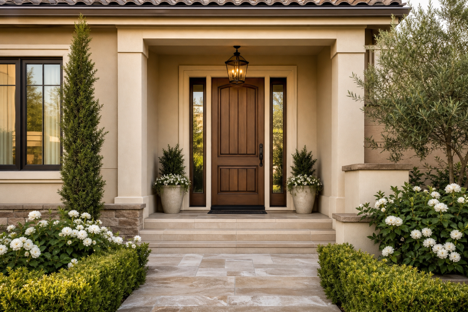 A stylish front door design that complements beige houses.