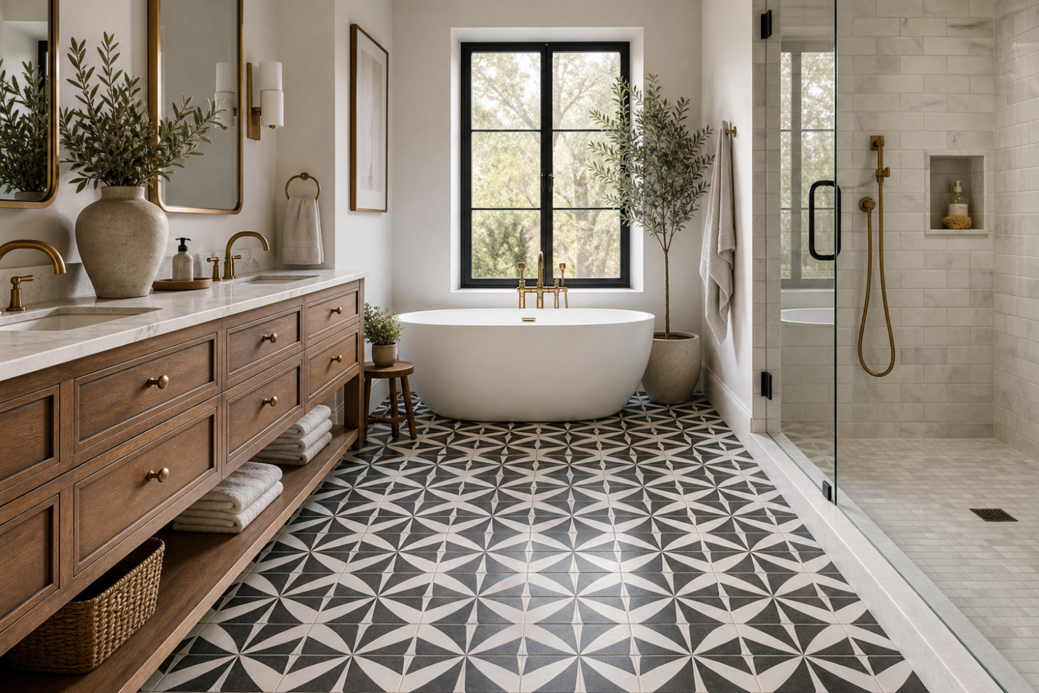 Diverse selection of bathroom floor tile patterns showcasing various styles.