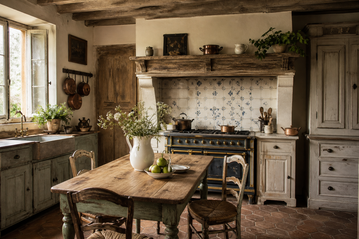 An elegant design showcasing an old vintage French country kitchen