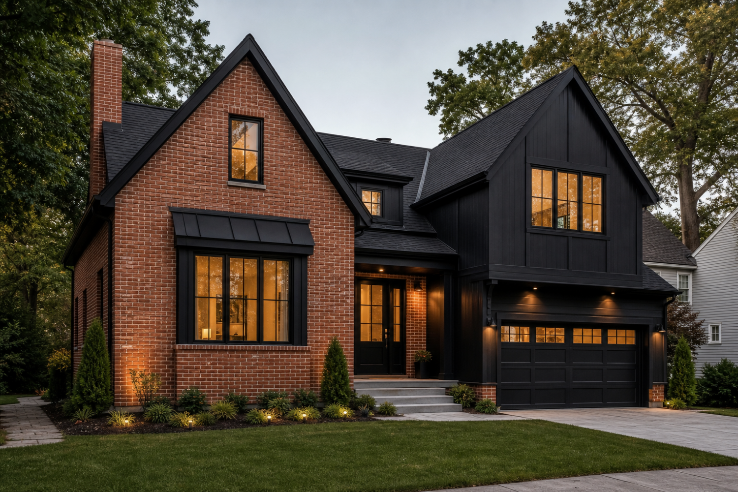 Aerial view of a red brick house with black siding
