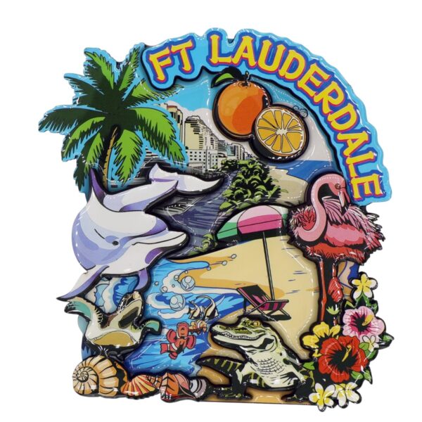 Fort Lauderdale Florida Beach and Fauna Wood Epoxy Magnet 3.75